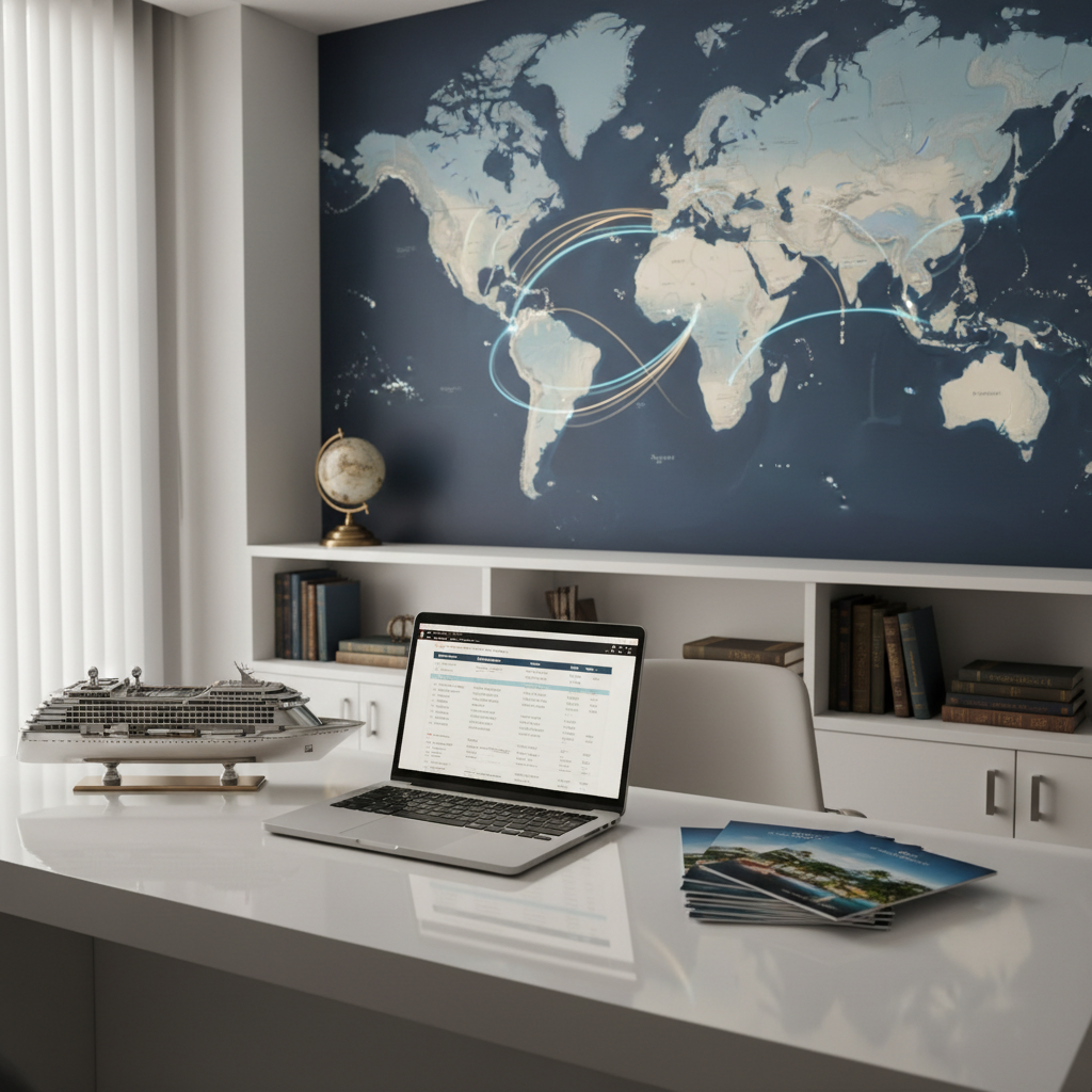 An elegant, modern travel agency workspace branded for a cruise-focused company, featuring a large wall-mounted world map with highlighted cruise routes in soft blues and golds. A sleek white desk holds an open laptop displaying a detailed cruise itinerary, beside a polished metal model cruise ship and a stack of organized travel brochures. Indirect daylight from a nearby window casts a gentle, even glow across the scene, creating soft shadows and subtle reflections on the glossy desk surface. The background includes neatly arranged shelving with nautical decor such as a brass compass and a small globe. Captured from a slightly elevated angle with sharp focus throughout, the atmosphere is professional, trustworthy, and meticulously organized, in clean photographic realism.