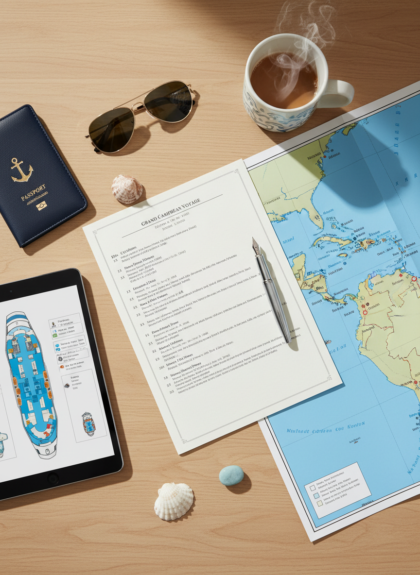 A bird’s-eye view of an intricate cruise planning flat lay on a light oak table, carefully arranged with a printed cruise itinerary, a folded map featuring highlighted coastal ports, a navy-blue passport cover, and a silver pen aligned precisely along the page margin. Nearby, a tablet displays a detailed deck plan of a cruise ship. Soft, diffused daylight from an unseen window to the left creates even illumination with gentle, natural shadows that define each object. The color palette leans toward oceanic blues and sandy neutrals, conveying a cohesive travel theme. The composition is meticulously balanced, with elements arranged diagonally for visual flow. The mood is organized, anticipatory, and reassuring, rendered in crisp, photographic realism to evoke expert, full-service travel planning.