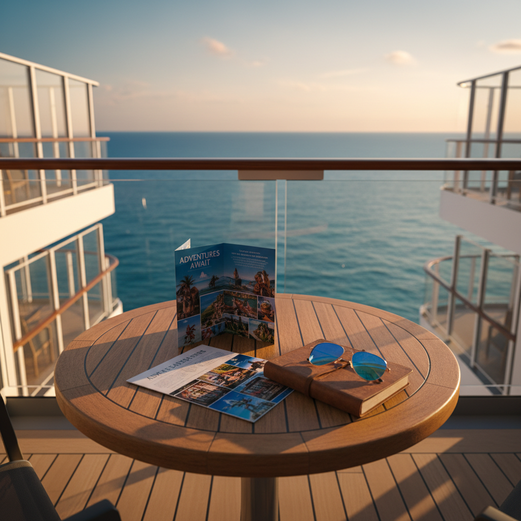 A luxurious cruise ship balcony scene focusing on a small, round teak table set against a glass railing overlooking a vast, calm ocean. On the table rests a detailed printed shore-excursion booklet, a closed leather-bound travel journal, and a pair of sleek, folded sunglasses with reflective lenses mirroring the horizon. The ship’s white exterior and a subtle hint of neighboring balconies are visible in soft focus. Late-afternoon sunlight casts warm highlights on the wood grain and faint shadows from the railing across the deck planks. Captured from a low, close-up angle with a shallow depth of field, the ocean beyond softly blurs into gradient blues. The atmosphere is peaceful, indulgent, and reflective, with polished photographic realism emphasizing the personalized experience of curated cruise travel.