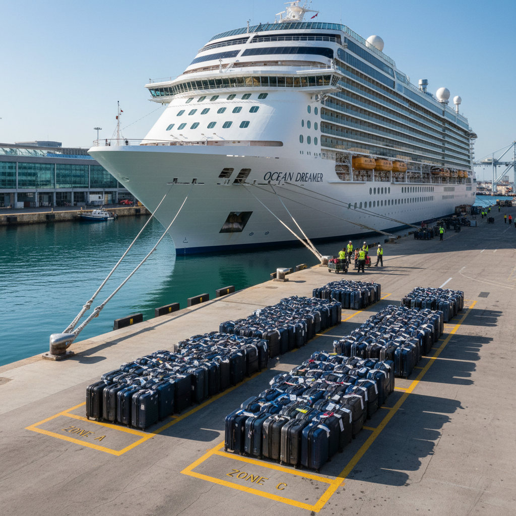 A detailed, panoramic view of a cruise ship docked at a vibrant port, with the foreground emphasizing the organized logistics that a full-service travel agency handles. Neatly lined suitcases of varying navy and charcoal tones rest on a clean concrete pier marked with bright yellow safety lines and numbered boarding zones. Thick mooring ropes stretch from polished bollards to the ship’s hull, where the vessel’s name is crisply painted. The harbor water reflects the ship’s white sides in rippling patterns. Late-morning sunlight creates clear, defined shadows and glints off metal fixtures. Captured from a slightly elevated angle, the composition leads the eye from the foreground luggage toward the towering ship. The mood is efficient, anticipatory, and professional, portrayed in realistic photographic style suitable for illustrating seamless embarkation planning.